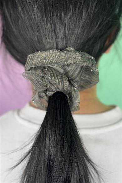 Siyah Renk Taşlı Organze Simit Toka