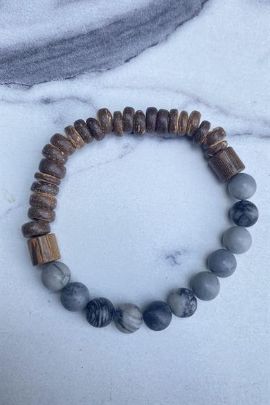 Gri Ve Kahve Renk Boncuk Detaylı Erkek Bileklik