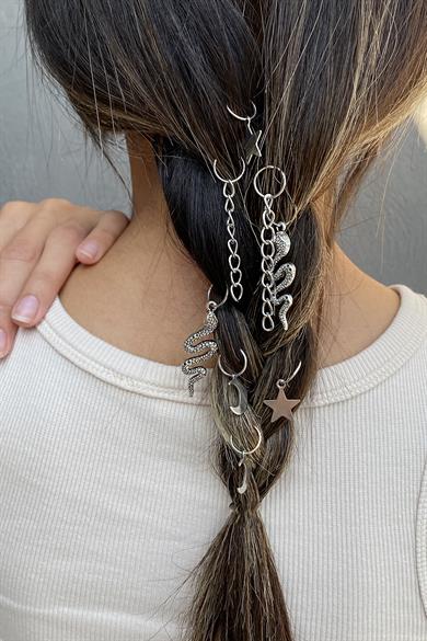 Gümüş Renk 8li Renkli Yılan Ve Ay,Yıldız Figürlü Saç Küpesi