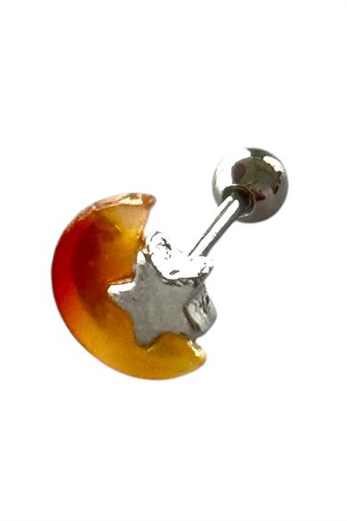 Gümüş Renk Ay Ve Yıldız Figürlü Taş Detaylı Cerrahi Çelik Tragus/Kıkırdak Küpe/Piercing (Tek)