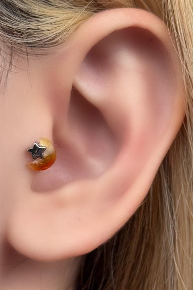 Gümüş Renk Ay Ve Yıldız Figürlü Taş Detaylı Cerrahi Çelik Tragus/Kıkırdak Küpe/Piercing (Tek)