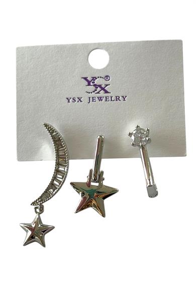 Gümüş Renk Ay Ve Yıldız Figürlü Taş Detaylı VİP 3lü YSX Küpe Set 