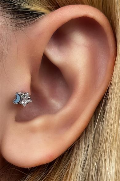 Gümüş Renk Ay Ve Yıldız Figürlü Taş Detaylı Cerrahi Çelik Tragus/Kıkırdak Küpe/Piercing (Tek)