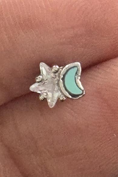 Gümüş Renk Ay Ve Yıldız Figürlü Taş Detaylı Cerrahi Çelik Tragus/Kıkırdak Küpe/Piercing (Tek)