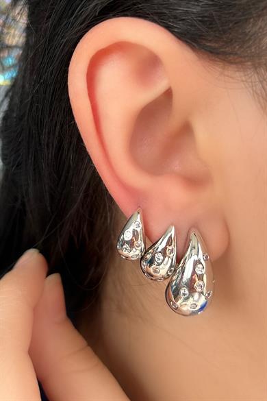 Gümüş Renk Bottaga Figürlü Taş Detaylı VİP 3lü YSX Küpe Set 