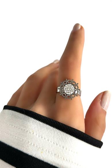 Gümüş Renk Çiçek Detaylı Çelik Ayarlanabilir Yüzük