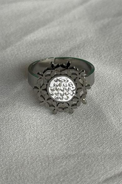 Gümüş Renk Çiçek Detaylı Çelik Ayarlanabilir Yüzük