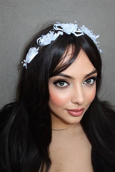 Gümüş Renk Çiçek Figürlü İnci Detaylı Saç Aksesuarı/ Alınlık