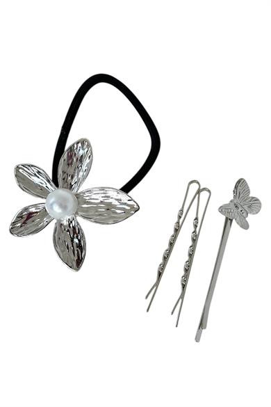 Gümüş Renk Çiçek Figürlü Lastik Toka Ve Tel Toka Set