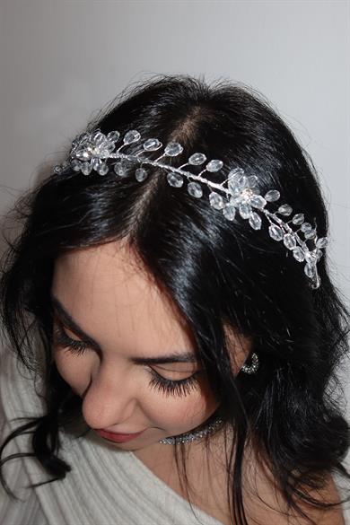 Gümüş Renk Çiçek Figürlü Taş Detaylı Saç Aksesuarı/ Alınlık