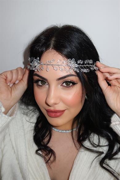 Gümüş Renk Çiçek Figürlü Taş Detaylı Saç Aksesuarı/ Alınlık