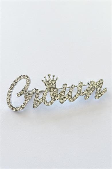 Gümüş Renk Crown Yazılı Taşlı Broş