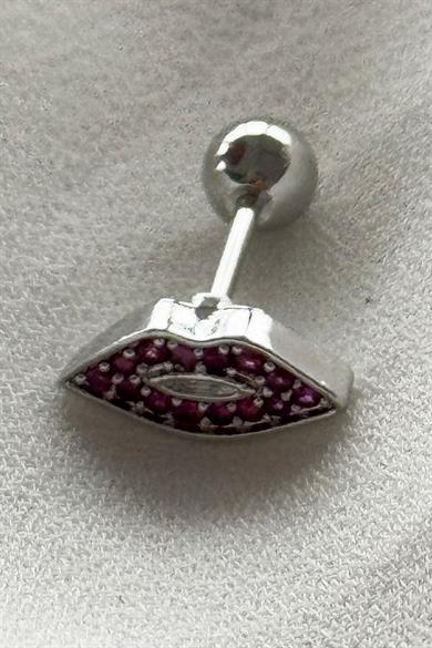 Gümüş Renk Dudak Figürlü Taş Detaylı Çelik Tragus/Kıkırdak Küpe/Piercing