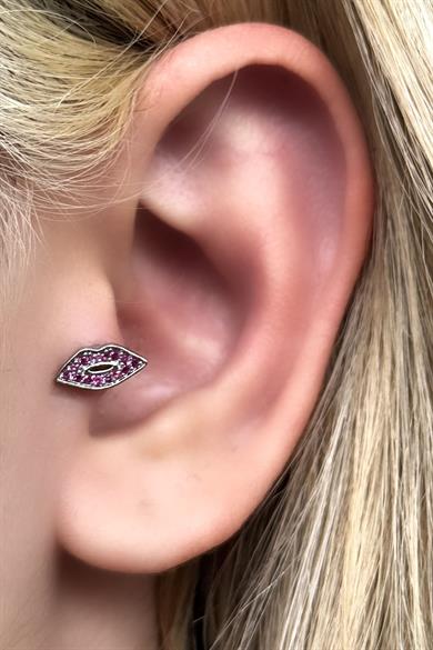 Gümüş Renk Dudak Figürlü Taş Detaylı Çelik Tragus/Kıkırdak Küpe/Piercing