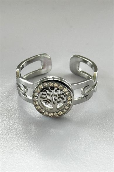 Gümüş Renk Hayat Ağacı Figürlü Ayarlanabilir Çelik Yüzük