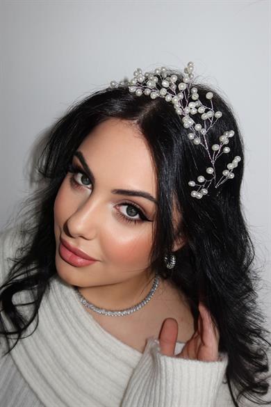 Gümüş Renk İnci Detaylı Saç Aksesuarı/ Alınlık