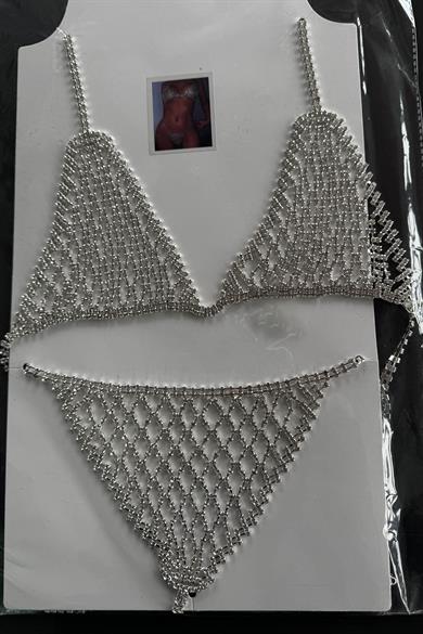 Gümüş Renk Kadın Taşlı Sütyen ve Tanga Takım Kostüm/ İç Giyim/ Aksesuar/ Gecelik Set