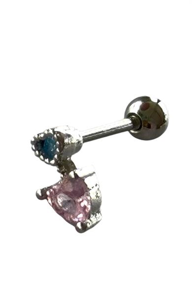 Gümüş Renk Kalp Detaylı Taşlı Cerrahi Çelik Tragus/Kıkırdak Küpe/Piercing (Tek)