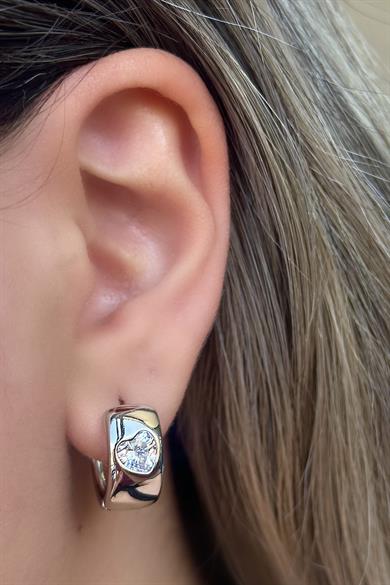 Gümüş Renk Kalp Figürlü Taş Detaylı Çelik Halka Xupıng Küpe (Çift)