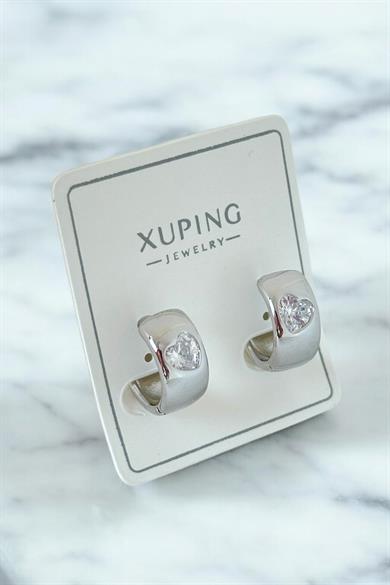 Gümüş Renk Kalp Figürlü Taş Detaylı Çelik Halka Xupıng Küpe (Çift)