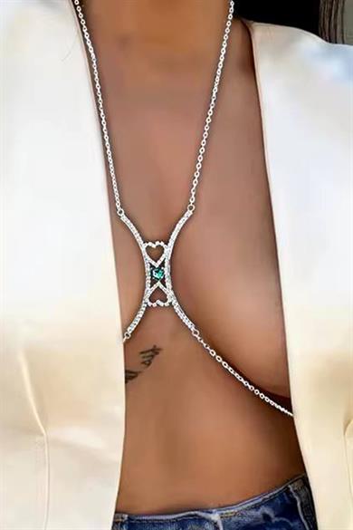 Gümüş Renk Kalp Figürlü Taşlı Tasarım Vücut Aksesuarı