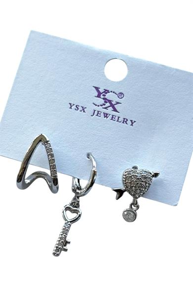 Gümüş Renk Kalp Ve Anahtar Figürlü Taş Detaylı VİP 3lü YSX Küpe Se