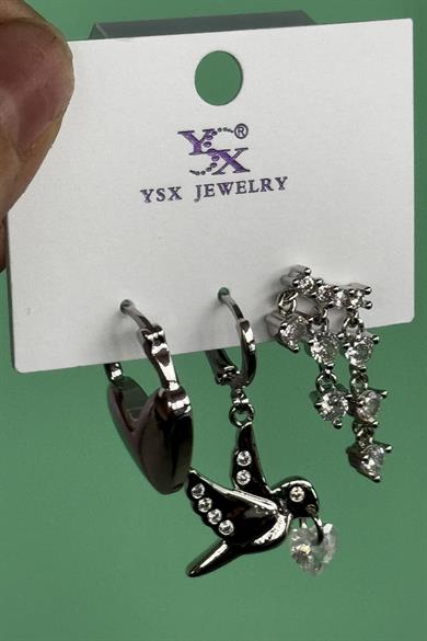 Gümüş Renk Karışık Figürlü Taş Detaylı VİP 3lü YSX Küpe Set 