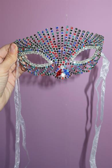 Gümüş Renk Karışık Taş Detaylı Tasarım Parti Maskesi