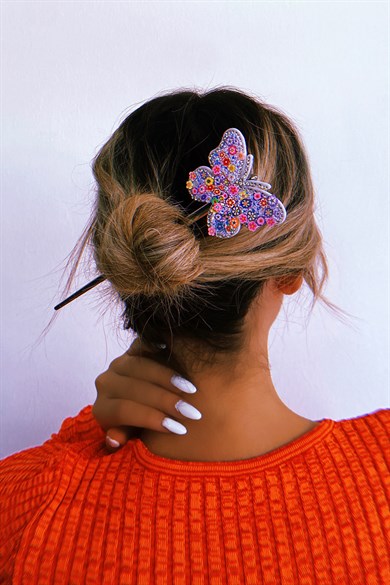 Gümüş Renk Kelebek Figürlü Topuz Tokası