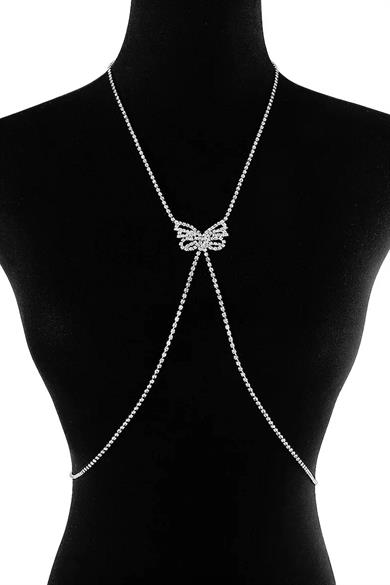 Gümüş Renk Kelebek Figürlü Vücut Aksesuarı/ Göğüs Zinciri