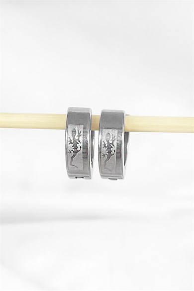 Silver Lizard Patterned Unisex Ring Earrings (Double)