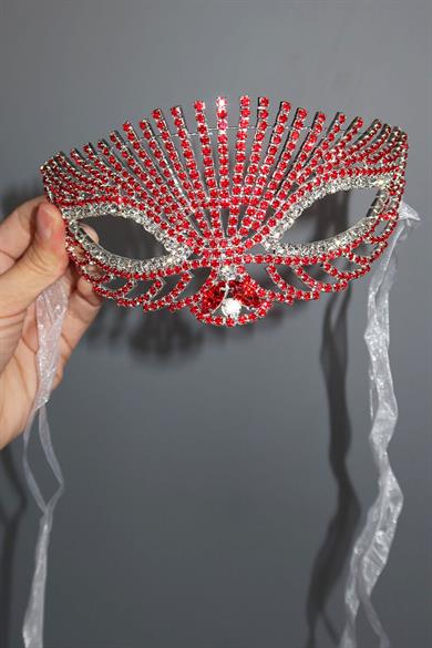 Gümüş Renk Kırmızı Taş Detaylı Tasarım Parti Maskesi