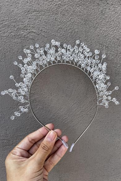 Gümüş Renk Kristal Boncuk Detaylı Gelin/ Kına Taç 