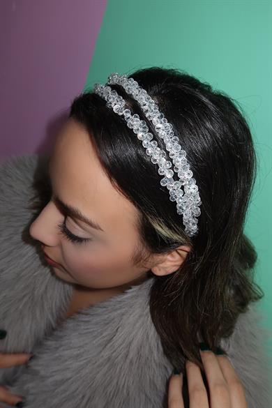Gümüş Renk Kristal Boncuk Detaylı Gelin/Nişan Taç 