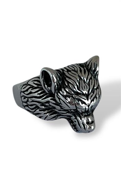Gümüş Renk Kurt Figürlü Ayarlanabilir Çelik Erkek Yüzük