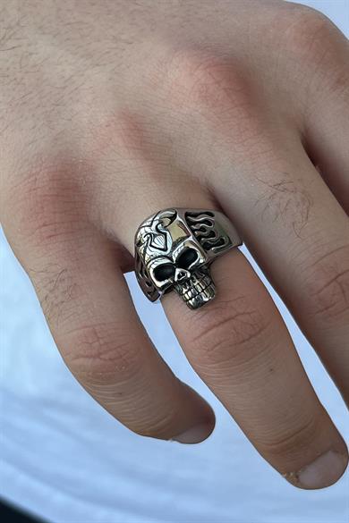 Gümüş Renk Kurukafa Figürlü Ayarlanabilir Çelik Erkek Yüzük