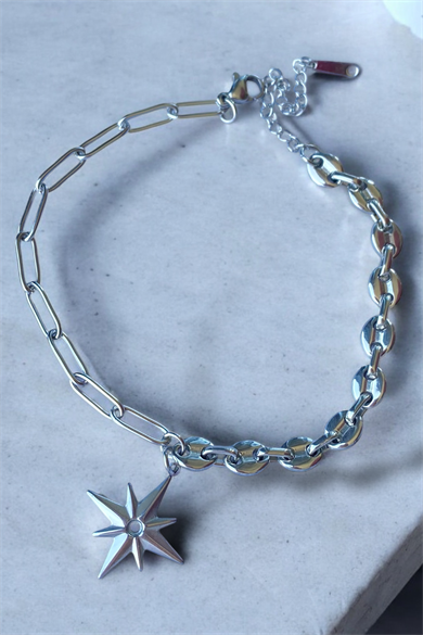 Gümüş Renk Kutup Yıldızı Figürlü Çelik Halhal