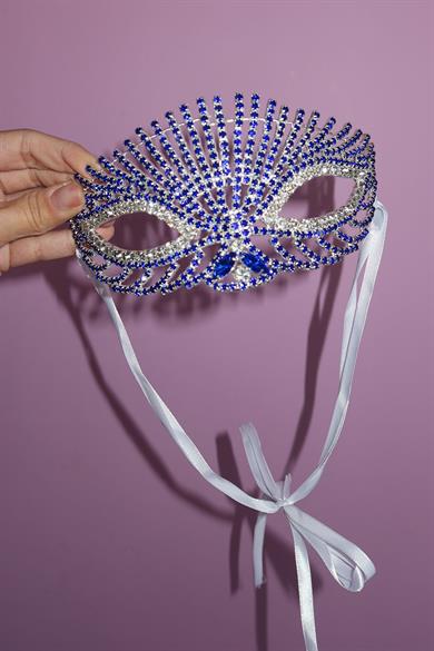 Gümüş Renk Mavi Taş Detaylı Tasarım Parti Maskesi