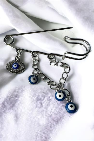 Gümüş Renk Nazar Boncuğu Detaylı Göz Figürlü Broş