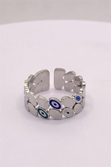 Gümüş Renk Nazar Boncuğu Figürlü Ayarlanabilir Çelik Yüzük