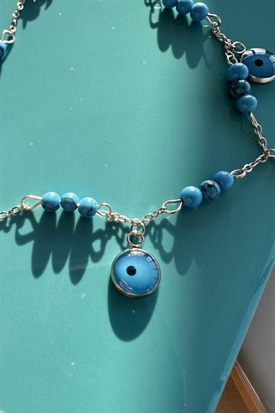 Gümüş Renk Nazar Boncuk Figürlü Çelik Halhal