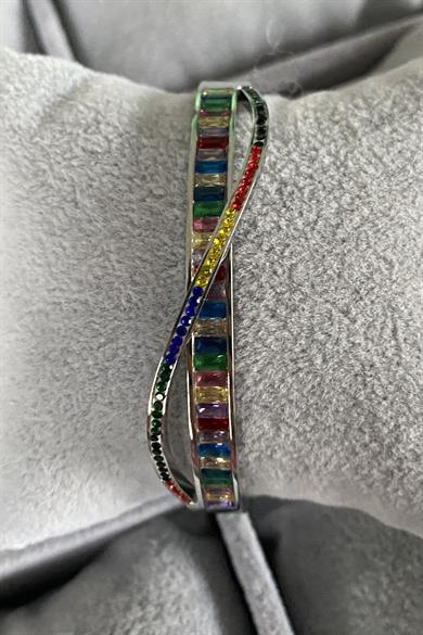 Gümüş Renk Renkli Taş Detaylı Çelik Kelepçe Bileklik