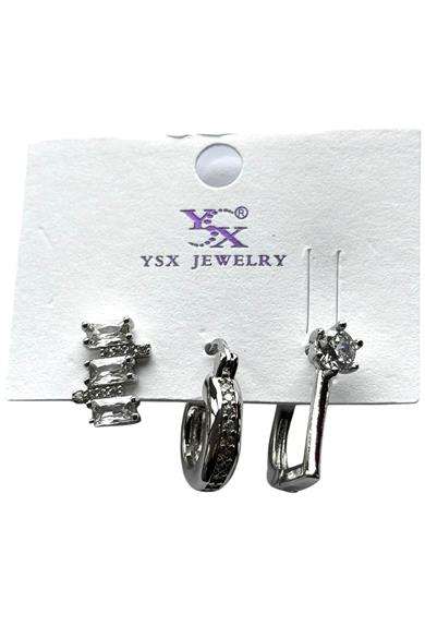 Gümüş Renk Taş Detaylı 3lü YSX Küpe Set