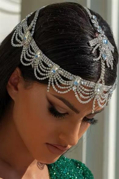 Gümüş Renk Taş Detaylı Alınlık/Kına Aksesuarı