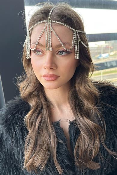 Gümüş Renk Taş Detaylı  Alınlık/Kına Aksesuarı