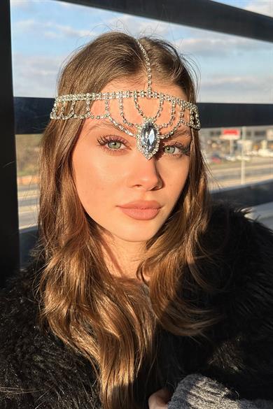 Gümüş Renk Taş Detaylı  Alınlık/Kına Aksesuarı