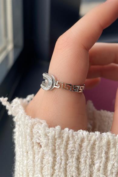 Altın Renk Taş Detaylı Ayarlanabilir Çelik Yüzük