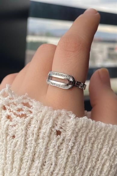 Altın Renk Taş Detaylı Ayarlanabilir Çelik Yüzük