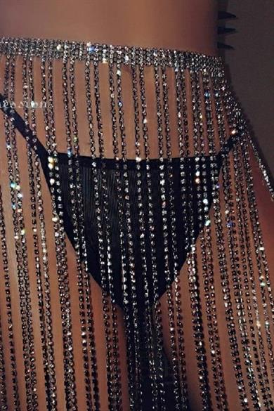 Gümüş Renk Taş Detaylı Bel Zinciri/Vücut Aksesuar