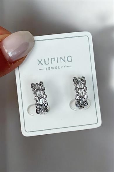 Gümüş Renk Taş Detaylı Çelik Halka Xupıng Küpe (Çift)